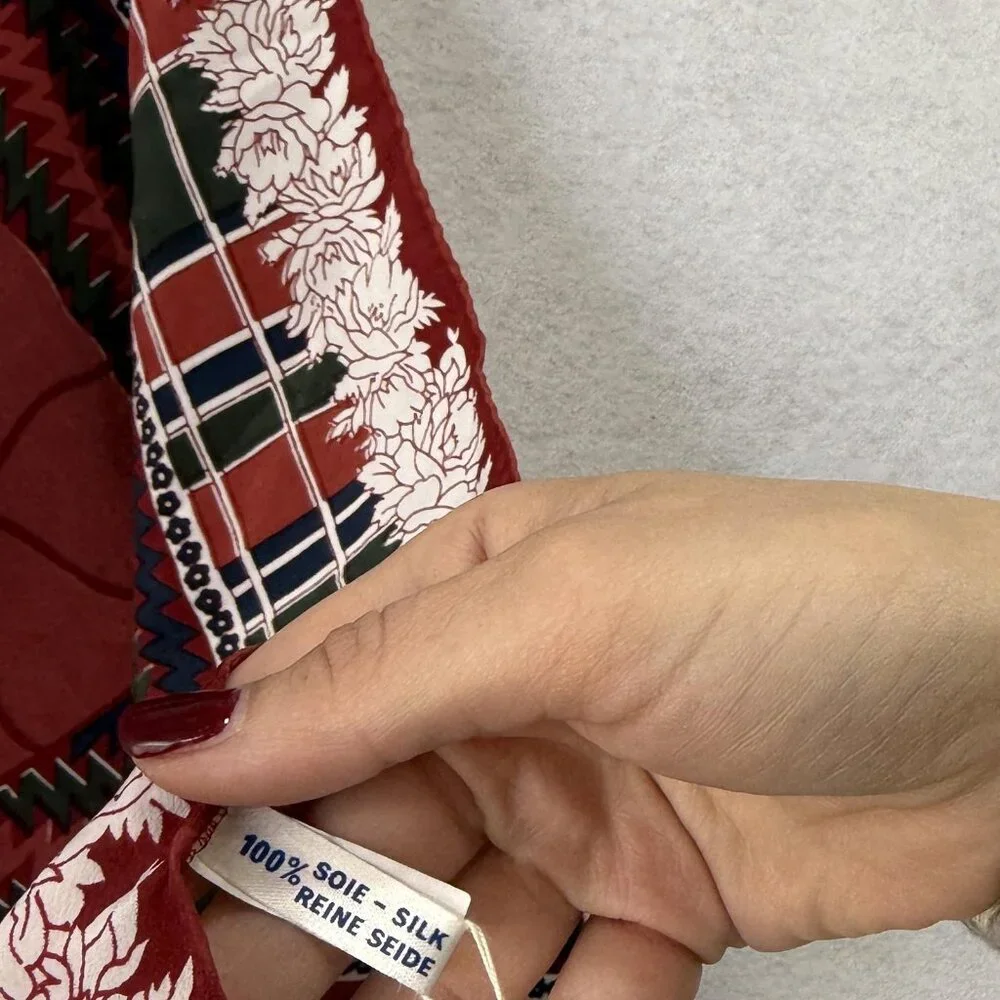 Lanvin Paris Scarf Womens One Size Silk Triangle Floral Plaid Made France Red